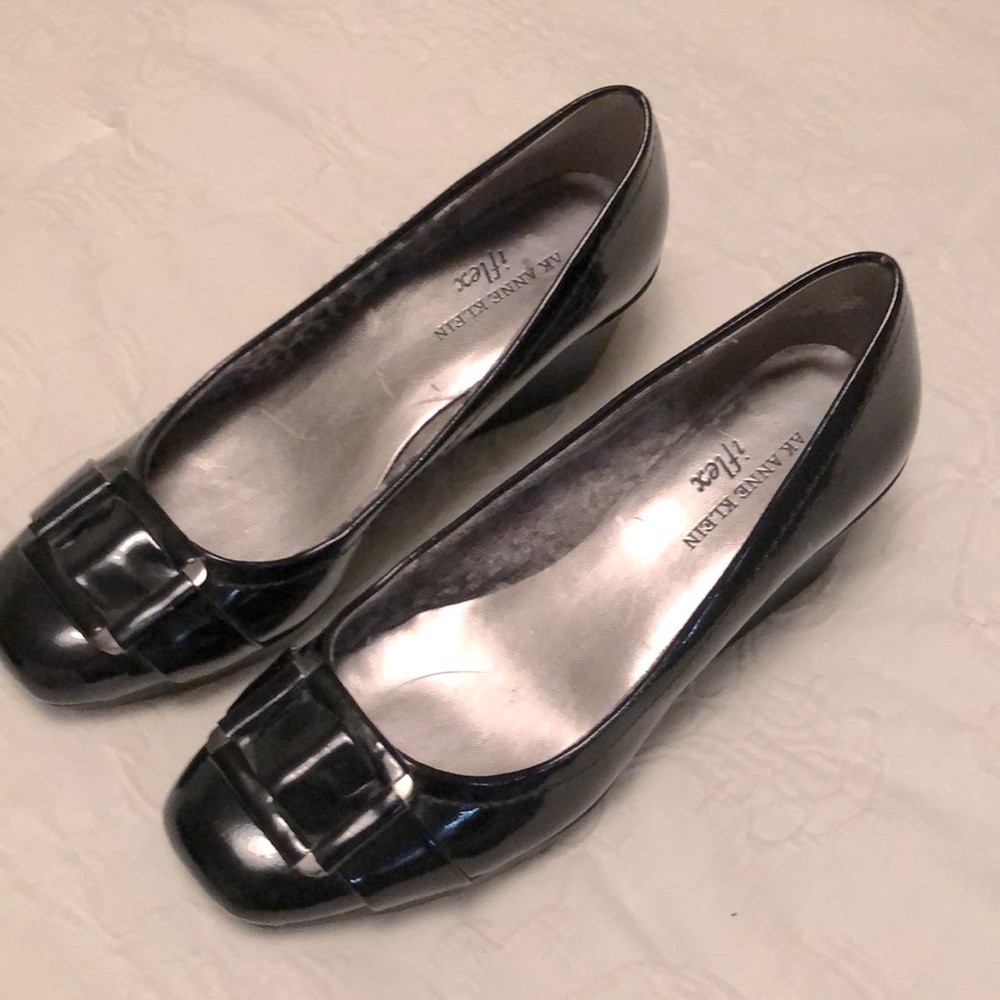 Black patent wedge heels